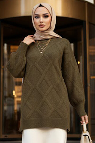 N.S NEVA STYLE Baklava Patterned Khaki Hijab Knitwear Sweater 6008Hk