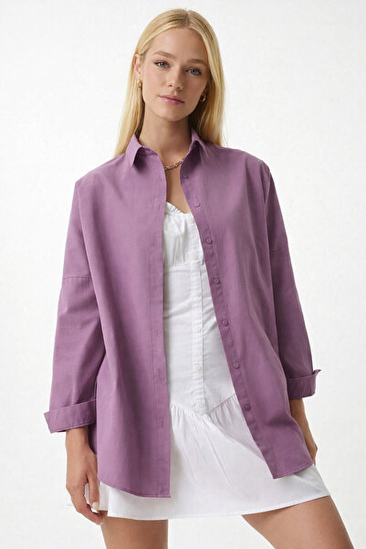 hazelin Kadın Koyu Lila Oversize Uzun Basic Gömlek HZL22W-BD139001