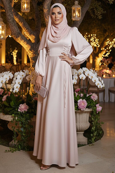 N.S NEVA STYLE - Rochie de seara din satin bej cu maneci balon 61501BEJ