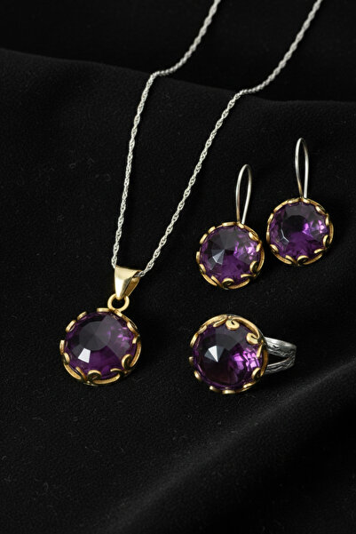 Roza Silver Ametist Taşlı Vav Harfi Motifli Otantik Gümüş Kadın Set