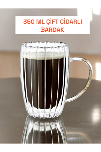 Ercazzo Çift Cidarlı Kulplu 350 ml Isıya Dayanıklı Cam Bardak Burgulu Çay Süt...