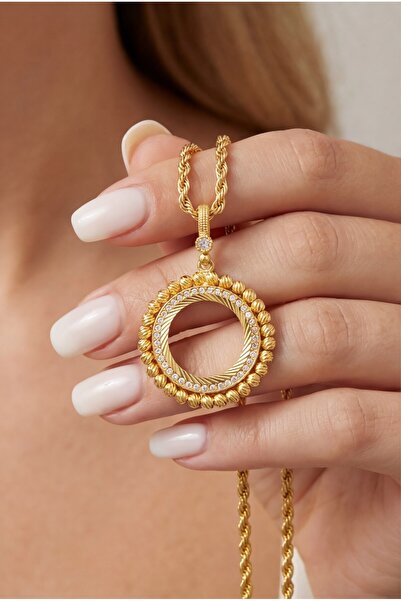 FerizZ Altın Kaplama Taşlı Dorikalı Yuvarlak Çeyrek Çerçeve Kolye Ucu Tgr-357