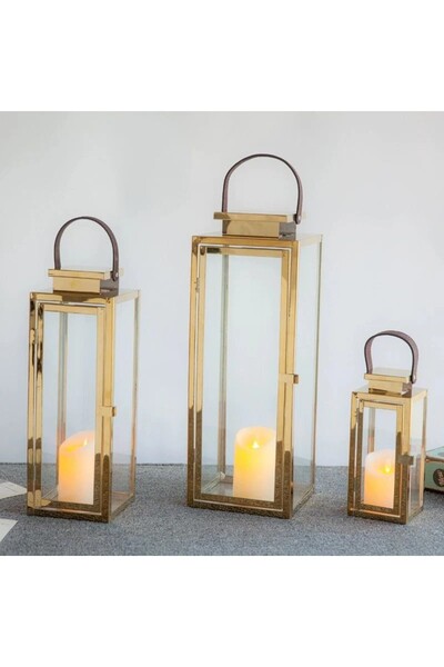 Generica Metal lantern set of 3 different sizes, gold color, with leather han...