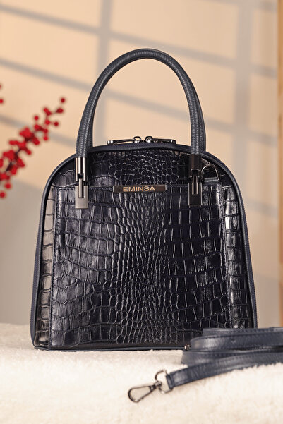 Aksesuarlia Navy Blue Color Crocodile Pattern Leather Bag - Genuine Leather 4...