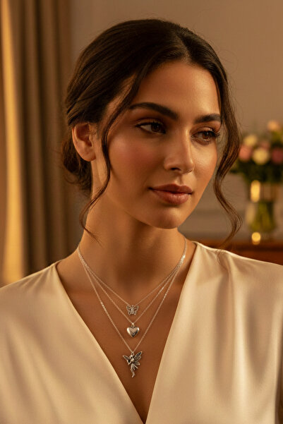 AAcc. Gümüş Ince Paslanmaz Çelik Zincirli Kelecek Peri Kalp Kolye 40 Cm