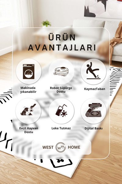 West Home Dijital Baskı Yıkanabilir Kaymaz Taban Salon Halısı Mutfak Halısı Yolluk Ve Banyo Paspası