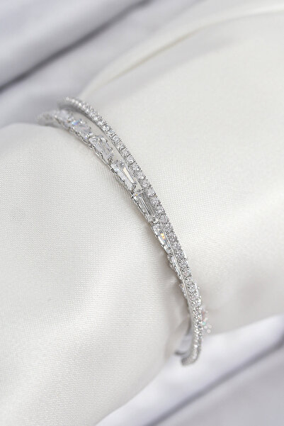 Skygo Brass Zircon Stone Watercourse Model Silver Color Women's Bracelet - Tj...