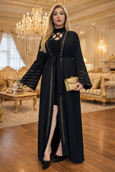 Yeşilmoda Abaya,Ferace,Krep ,Siyah,Kemerli,Kol detayları,Delikli taş,Uzun elb...