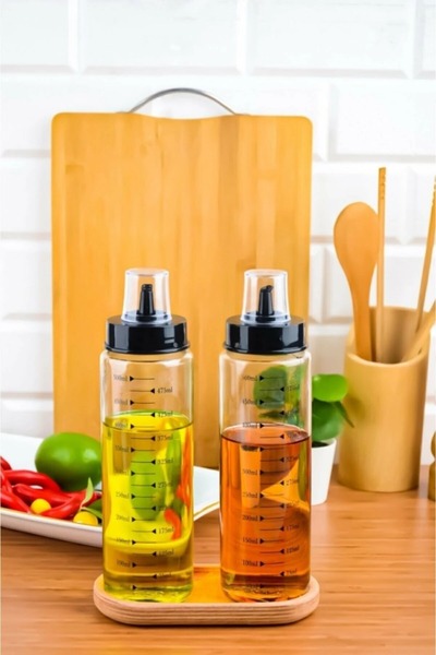 Bayev 2-Piece 500 ml Drip-Free Smart Glass Oil Dispenser with Wooden Stand - ...