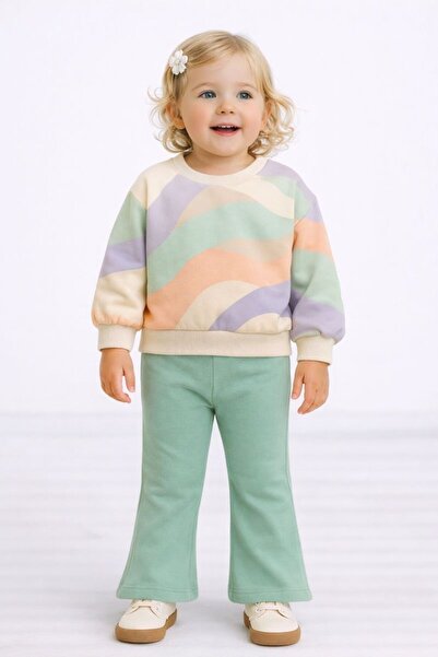 RAPAPA Girl's 3-Thread Sh Fleece-Lined Pastel Patterned Sweatshirt & Mint Blu...