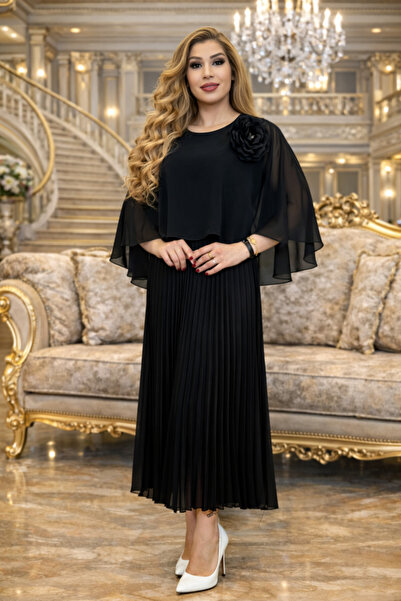 Yeşilmoda Abiye elbise piliseli şifon siyah Yuksek kalite midi elbise kloş kolu