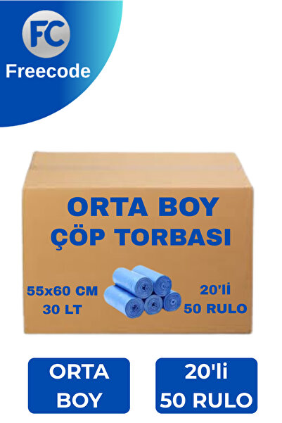 Freecode Orta Boy Çöp Poşeti 55x60 cm Mavi– Koli İçi 50 Paket – Dayanıklı Sta...