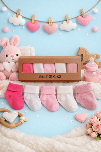 Akface 5 Çift Kutulu Pamuklu 5 Renkli Kız Bebek Çorabı 0-6 Ay