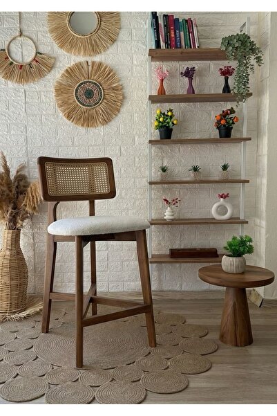 silla Concept Zion Bar Sandalyesi Teddy Krem Kumaş Hasırlı Ceviz Ahşap Ada Sa...