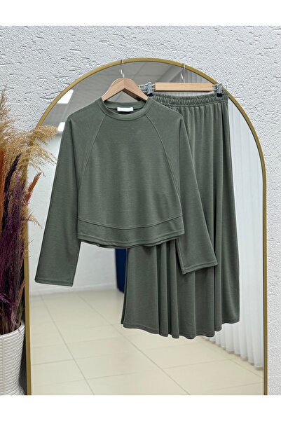 MİHRA STORE طقم دارينكا بخياطة جلدية أمامية مع تنورة بيكيه - NL673 كاكي