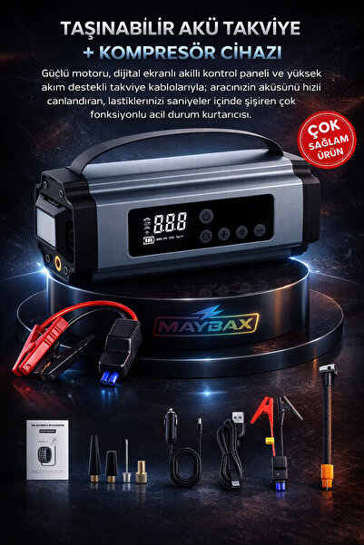Maybax 4 in 1 Akü Takviyesi Lastik Şişirme Powerbank El Feneri Oto Komresör A...
