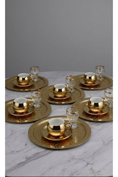 SİNİ Paslanmaz Çelik 6 Adet Yuvarlak Lüx Desenli Gold Ad-08 Kahve, Çay Sunum ...