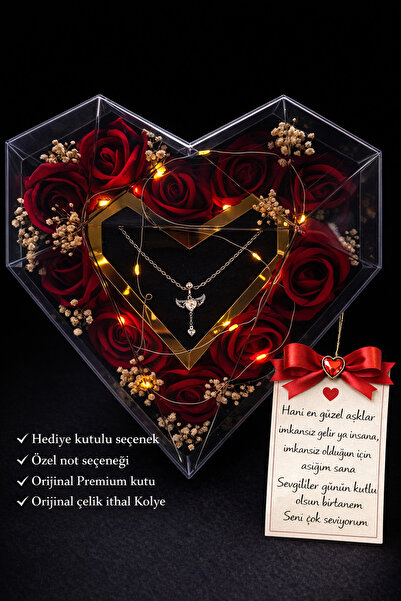 MEKKANMODA Özel Işıklı Kalpli Kutuda 10Adet Kırmızı Gül Çelik Melek Kanadı Kolye