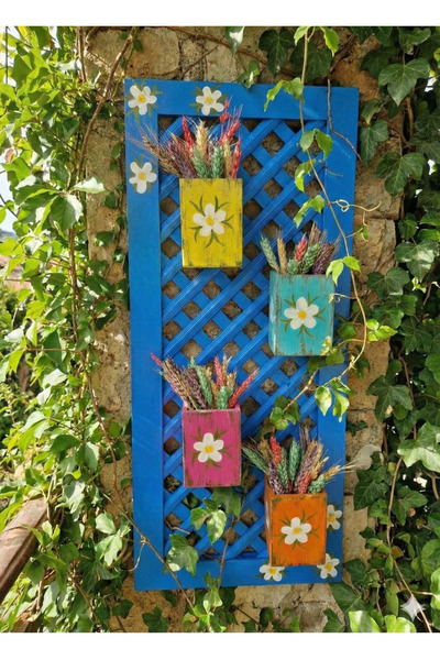 buraxe Mavi saksılı duvar panosu,balkon,bahçe,cafe dekoru için, ÇİÇEKLER HARİ...