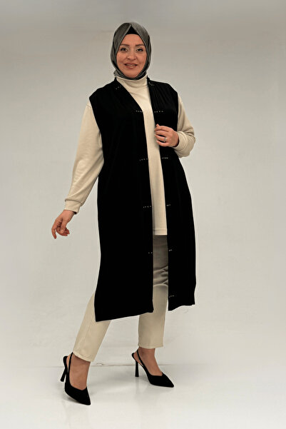 Eslina 54005 Büyük Beden Patı Pileli Giy Çık Yelek - Siyah