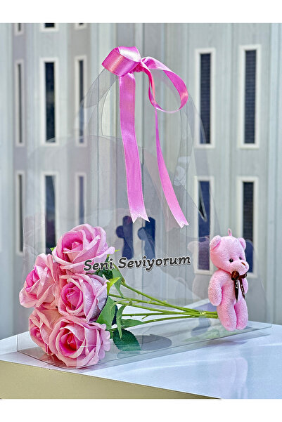 Zemtigo Çantalı Ayıcıklı Pembe Gül Buketi Yapay Çiçek Pembe Gül Sevgililer Gü...
