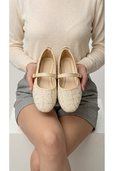 Beyond Pantofi casual din țesătură tweed bej, tip Mary Jane, cu cataramă eleg...