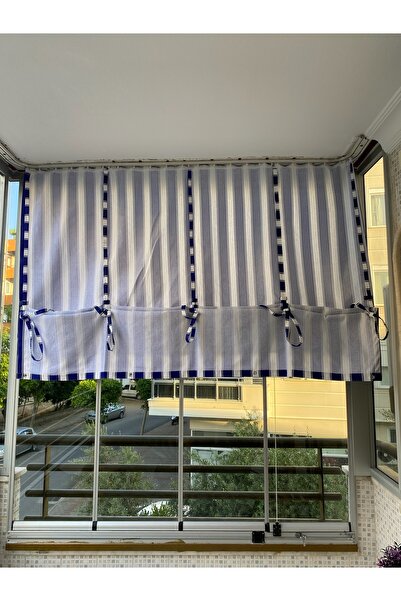 Görgülü Shop String Traction Height Adjustable Blue White Striped Balcony Cur...