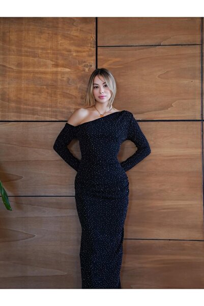 cemo Siyah Uzun Abiye Elbise Yırtmaçlı