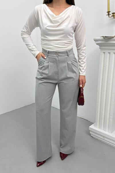 spirituel Women's Trousers Buttoned Pleated Detailed Double Pockets Wide Leg ...