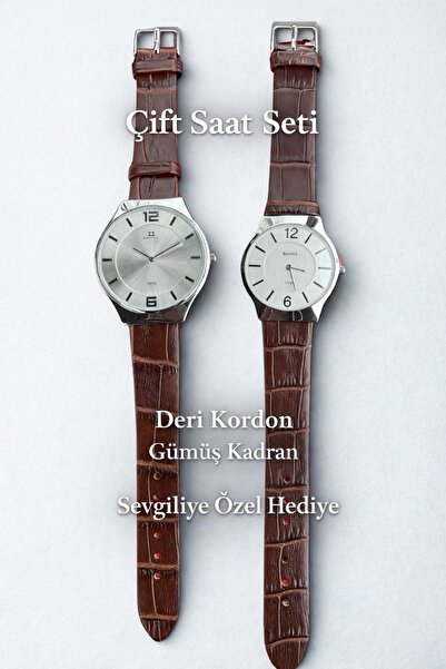 Belonni Çift Kol Saati Seti | Deri Kordon – Gümüş Kadran | Sevgiliye Özel Hediye