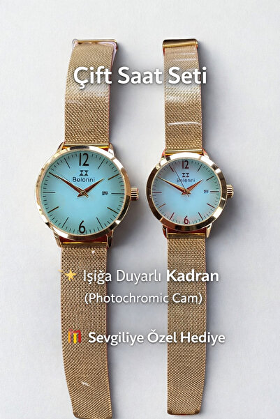 Belonni Çift Kol Saati Seti | Sevgili Saati – Sarı Metalik Photochromic Cam |