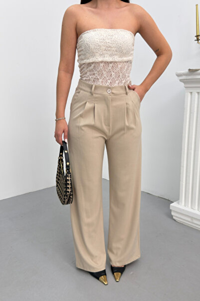 spirituel Women's Trousers Buttoned Pleated Detailed Double Pockets Wide Leg ...