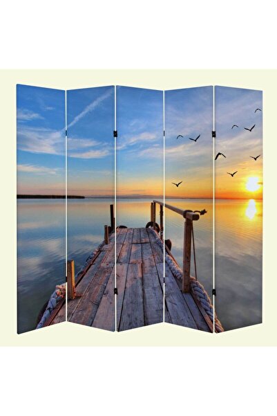 StellaStore Iskele Ve Kuş Manzara 5 Kanatlı Oda Bölücü Çift Taraflı Kanvas Pa...