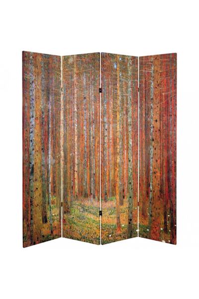StellaStore Gustav Klimt Köknar Ağacı 4 Kanatlı Oda Bölücü Çift Taraflı Kanva...