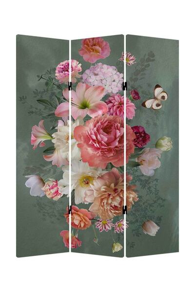VeraStore Çiçek Desenli 3 Kanatlı Oda Bölücü Çift Taraflı Kanvas Paravan