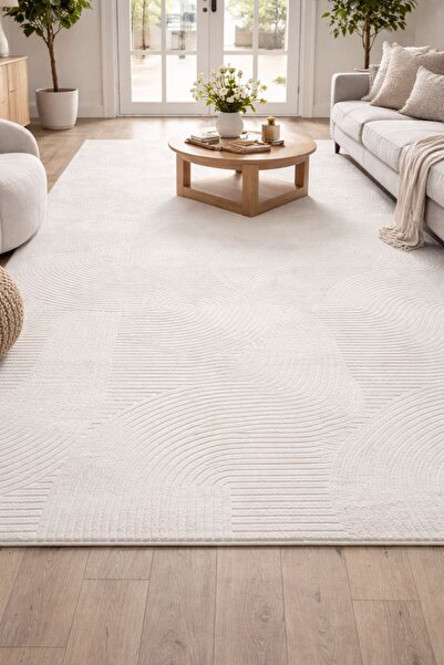 Merinos Rölyef Joy Krem Kaymaz Taban Kesme Halı Yolluk