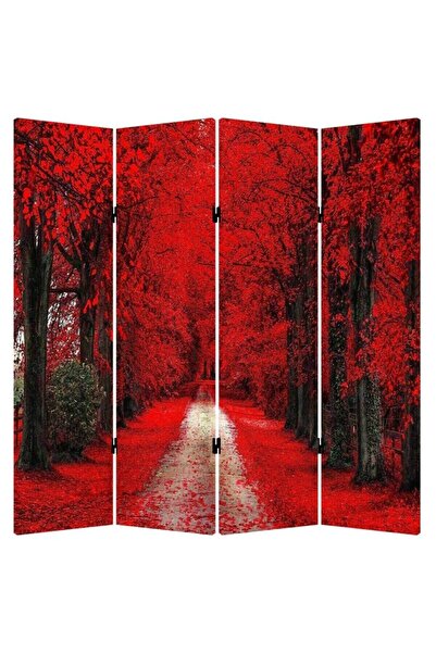 StellaStore Kırmızı Orman 4 Kanatlı Oda Bölücü Çift Taraflı Kanvas Paravan