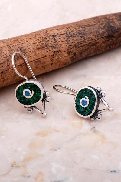 Sümer Telkari Antik Mozaik İşlemeli Malakit Taşlı Gümüş Küpe 6075