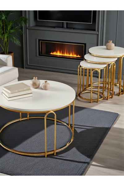 SEDAŞ LIVING UNITS Zigon Sehpa Ve Orta Sehpa Set Lenka Beyaz Ahşap Gold Ayakl...