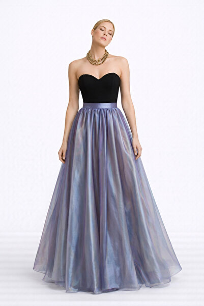 MERT ERKAN Mavi Organze Yüksek Bel Tam Daire Etek