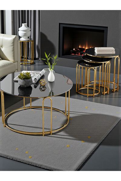 SEDAŞ LIVING UNITS 4 lü Lenka Zigon Orta Sehpa Takımı Yuvarlak Gold Metal 3+1...