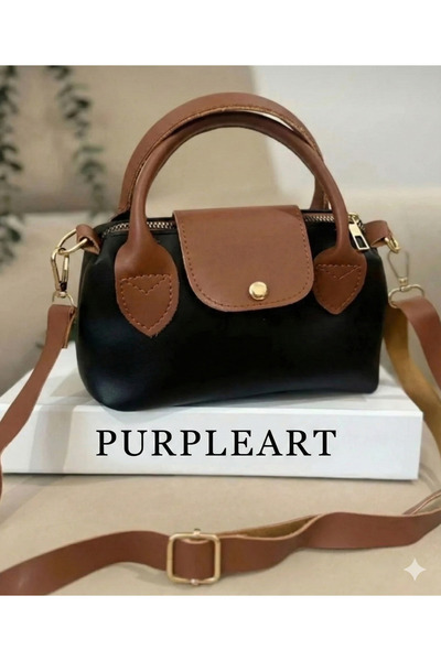 PurpleART Kadın Siyah - Taba Mini El ve Omuz Çantası 13X20CM