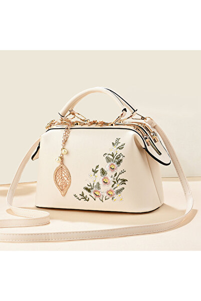 OEM Geantă de damă cu pandantiv cu frunze și floare brodată, curea de umăr re...