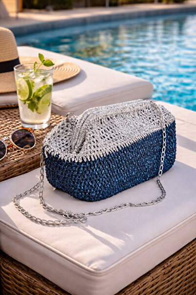 LALDİZAYN EL YAPIMI ÖRGÜ METALİK KAĞIT İP BURSLU OMUZ ÇANTASI