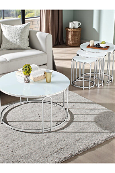 SEDAŞ LIVING UNITS Lenka Zigon Orta Sehpa Takımı Yuvarlak Gümüş Metal 3+1 -Be...