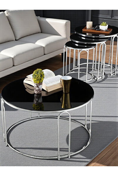 SEDAŞ LIVING UNITS Lenka Zigon Orta Sehpa Takımı Yuvarlak Gümüş Metal 3+1 - S...