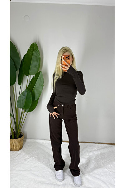 Acı Kahve Yüksek Bel Düz Paça Straight Fit Kot Pantalon