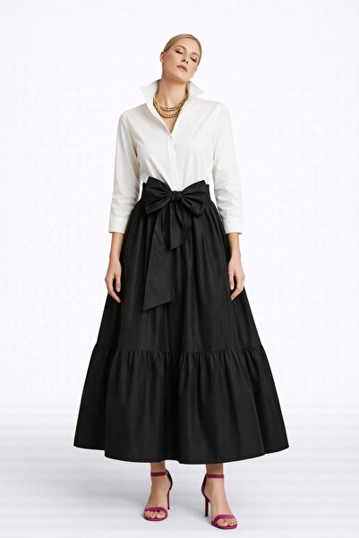 MERT ERKAN Çift Renkli Tafta Midi Gömlek Elbise