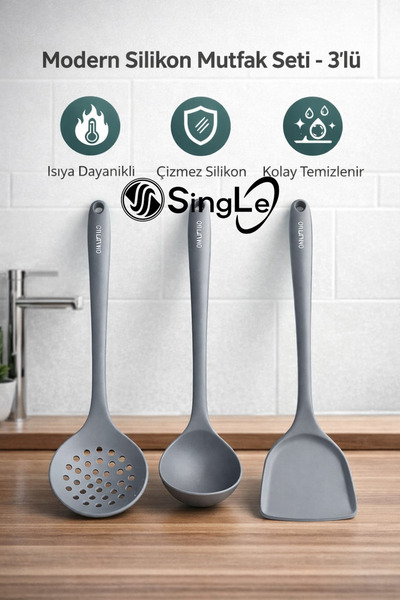 Single ( 3 Parça ) Sert Uçlu Isıya Dayanıklı Yanmaz Spatula Kevgir Kepçe Sili...