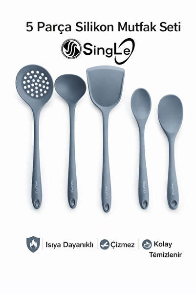Single 5 Parça Sert Uçlu Isıya Dayanıklı Spatula-Kevgir-Pilav-Kepçe-Derin Kaş...